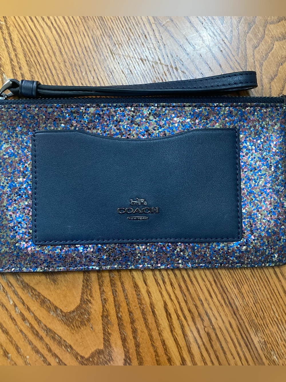 Coach Navy Leather Wristlet with Multicolor Glitter
